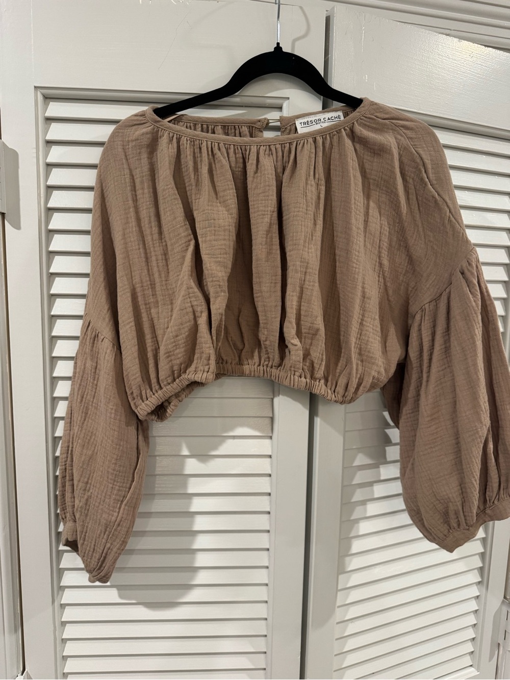 Taupe Cropped Smocked Peasant Top